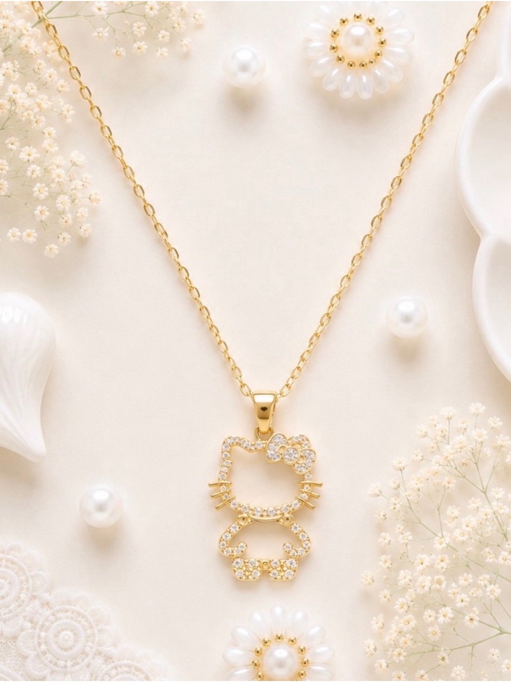 Sanrio Hello Kitty Gold Plated Rhinestone Metal Pendant Necklace-NWOT